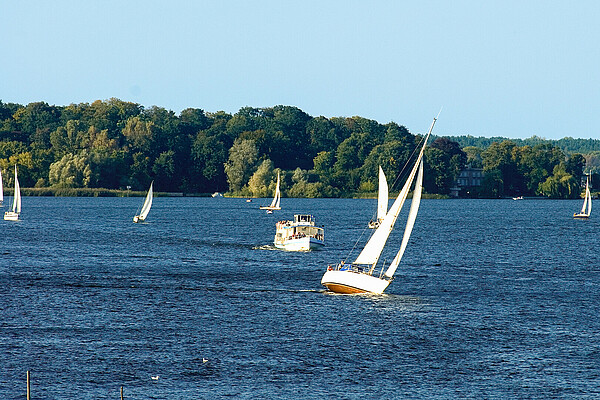 Pleasure boats and sailboats on the Wannsee, in the Berlin borough of Steglitz-Zehlendorf.