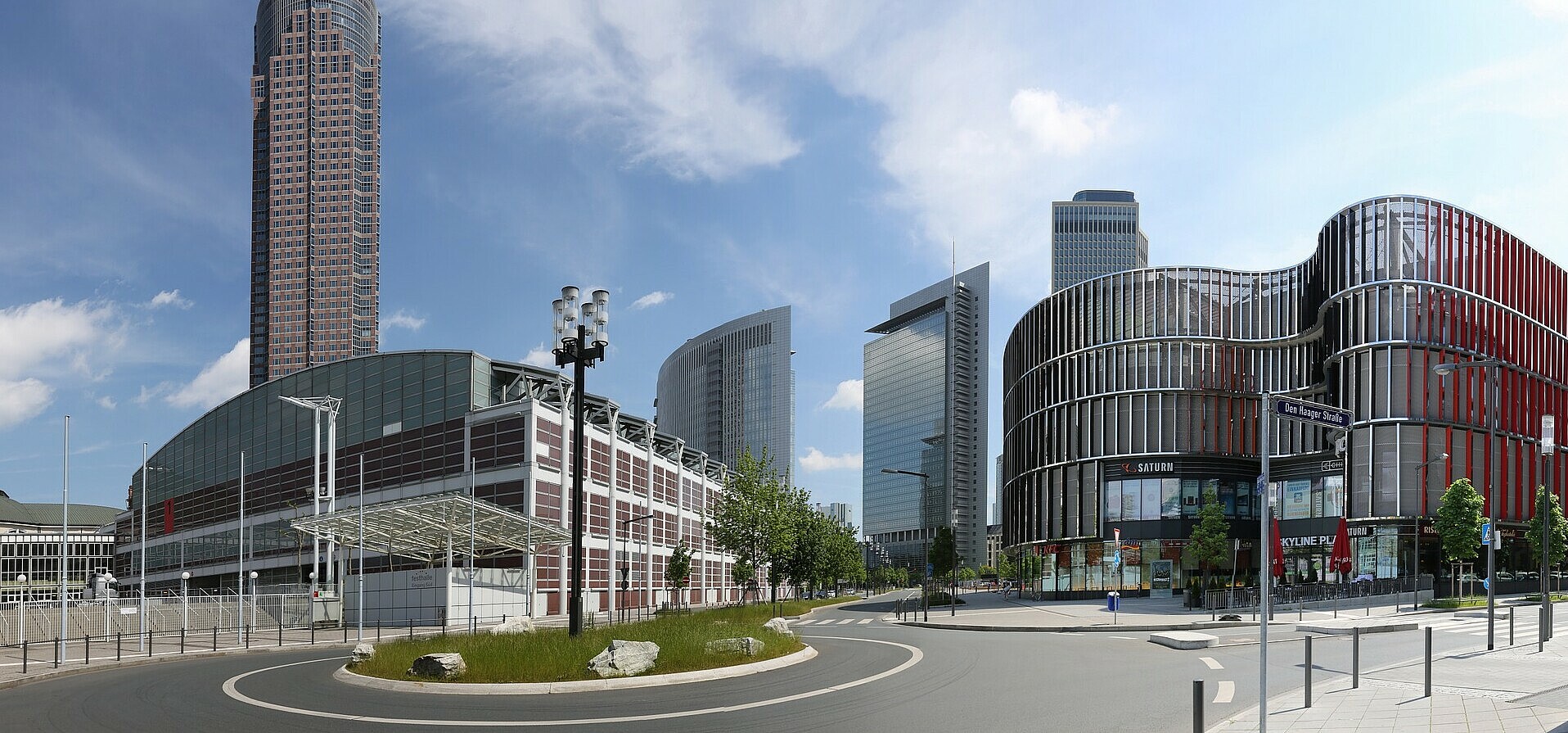 skyscraper and exhibition buildings at Messe Frankfurt